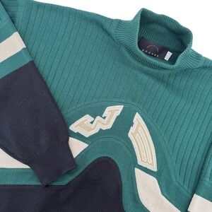 Bogner Men's Green Black Cream Colorblock Mock Neck Wool Blend Sweater Size L